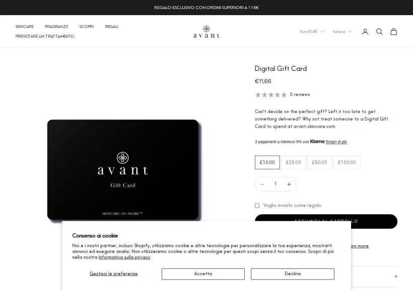 Schermata della pagina offerta di Avant Skincare