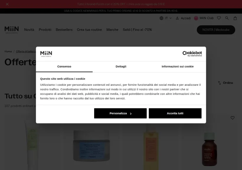 Schermata della pagina offerta di Miin Cosmetics