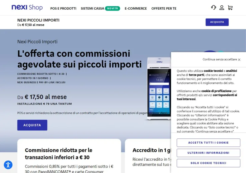 Schermata della pagina offerta di Nexi