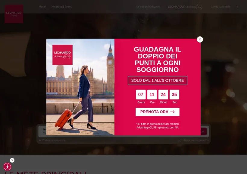 Schermata della pagina offerta di Leonardo Hotels
