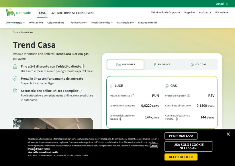 Schermata della pagina offerta di Eni Plenitude