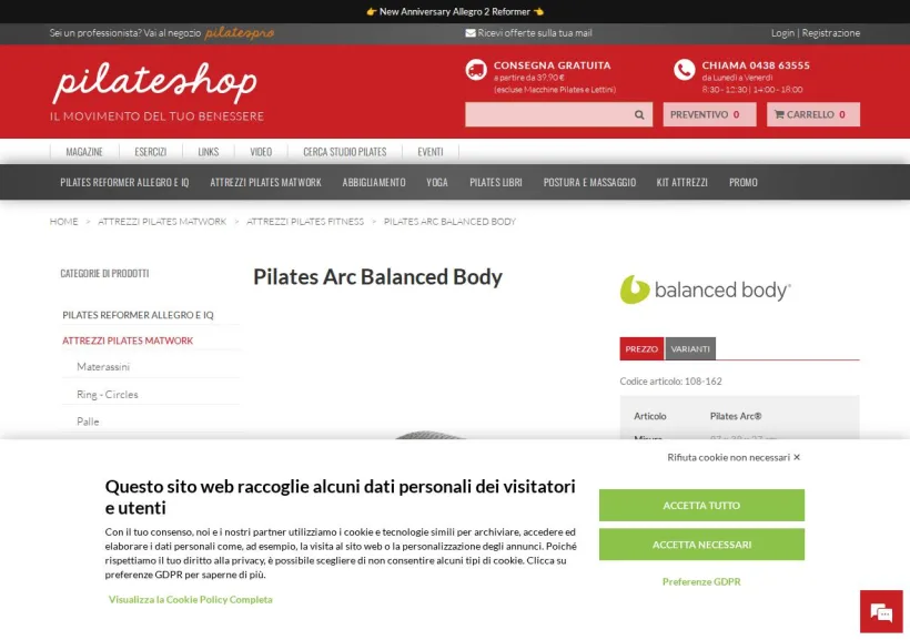 Schermata della pagina offerta di PilatesShop