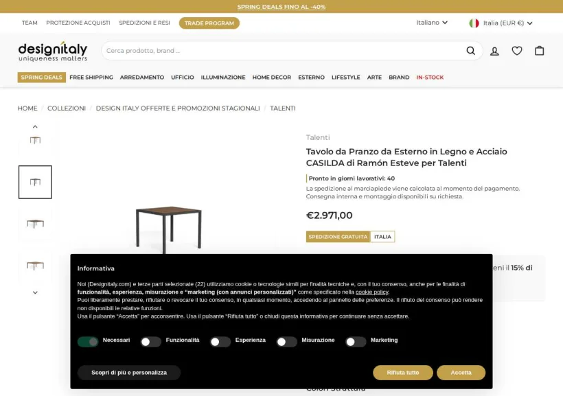 Schermata della pagina offerta di Design Italy