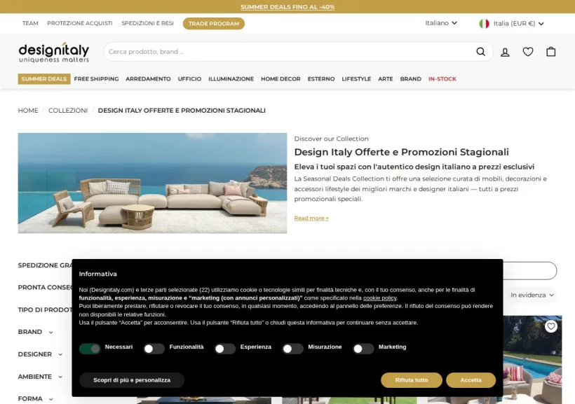 Schermata della pagina offerta di Design Italy