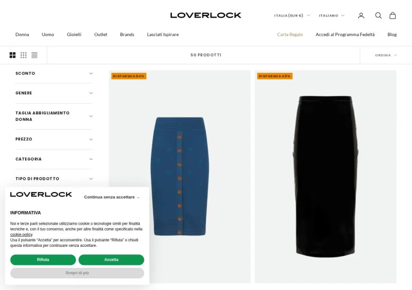 Schermata della pagina offerta di Loverlock boutique on line