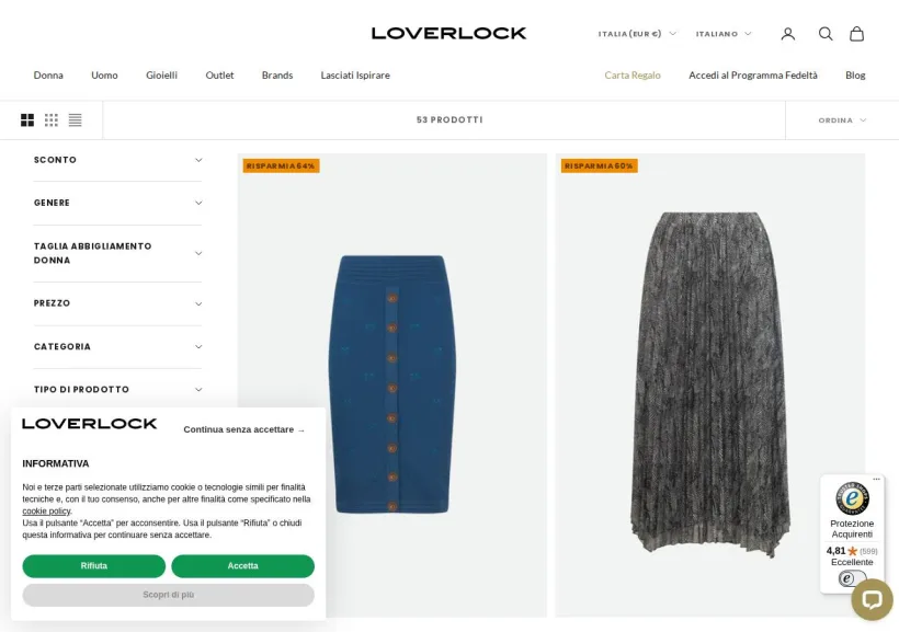 Schermata della pagina offerta di Loverlock boutique on line