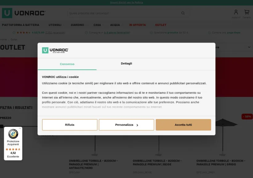 Schermata della pagina offerta di Vonroc