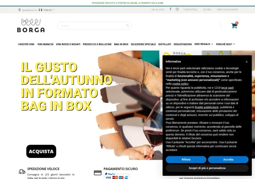 Schermata della pagina offerta di Cantine Borga
