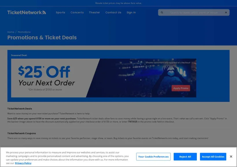 Schermata della pagina offerta di TicketNetwork