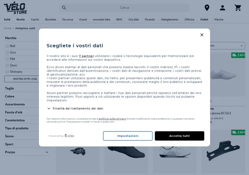 Schermata della pagina offerta di Vélo Store