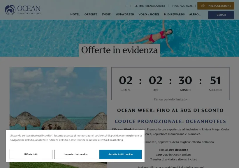 Schermata della pagina offerta di Ocean Hotels