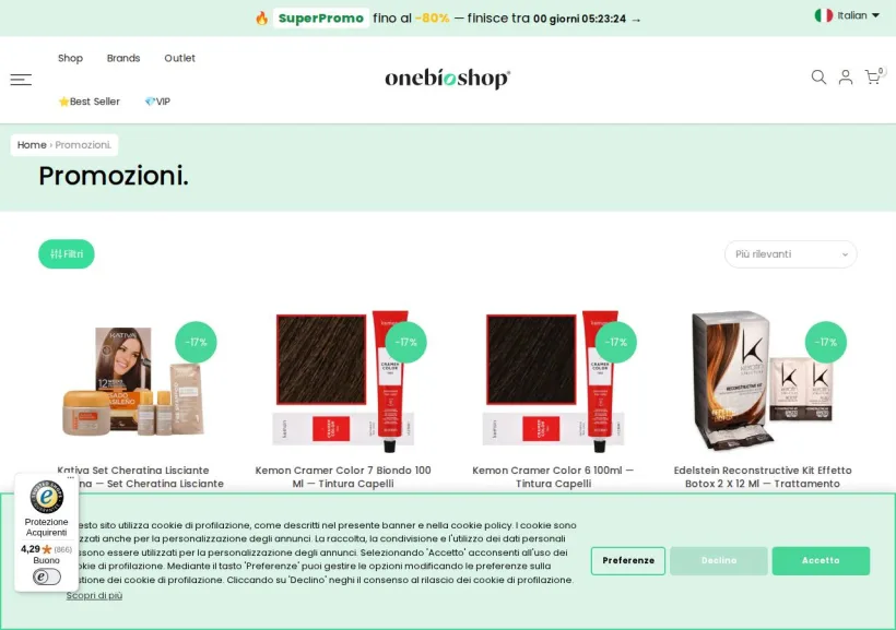 Schermata della pagina offerta di OneBioShopITA