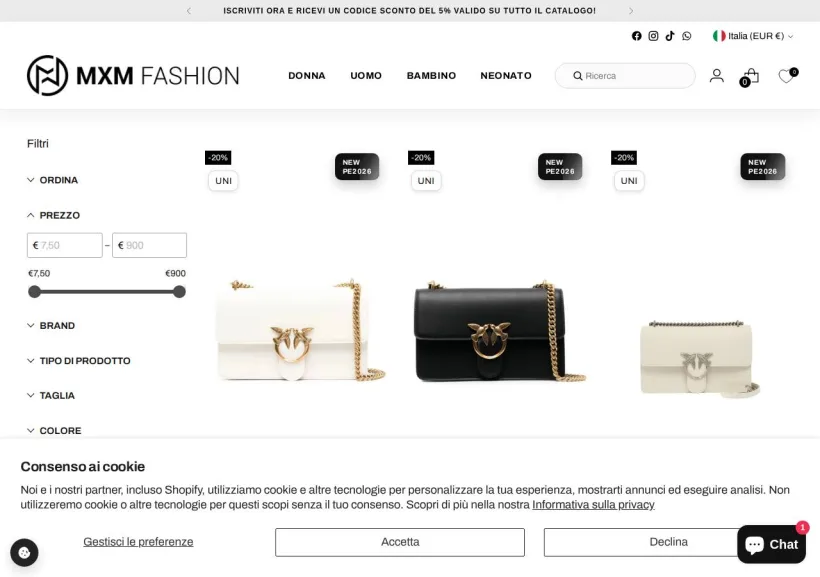 Schermata della pagina offerta di MXM Fashion