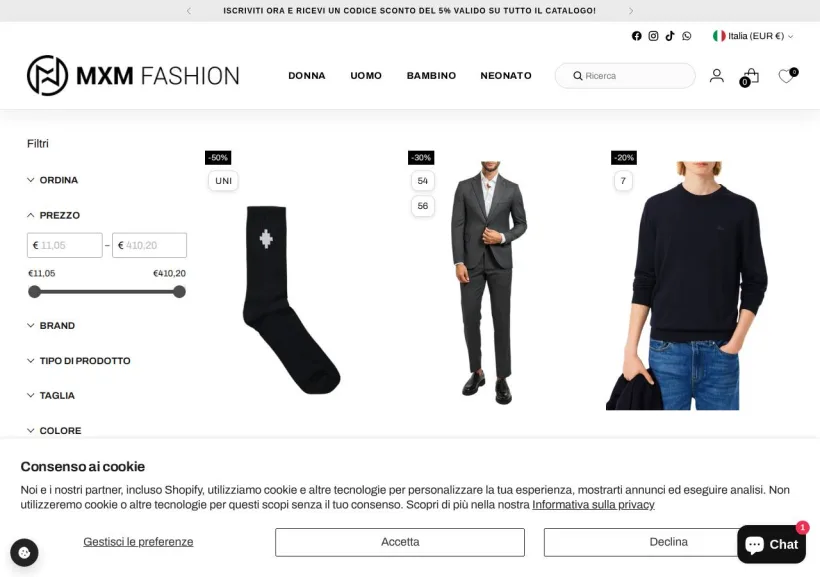 Schermata della pagina offerta di MXM Fashion