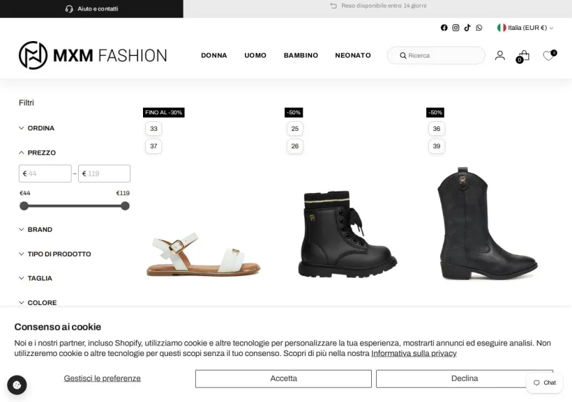 Schermata della pagina offerta di MXM Fashion