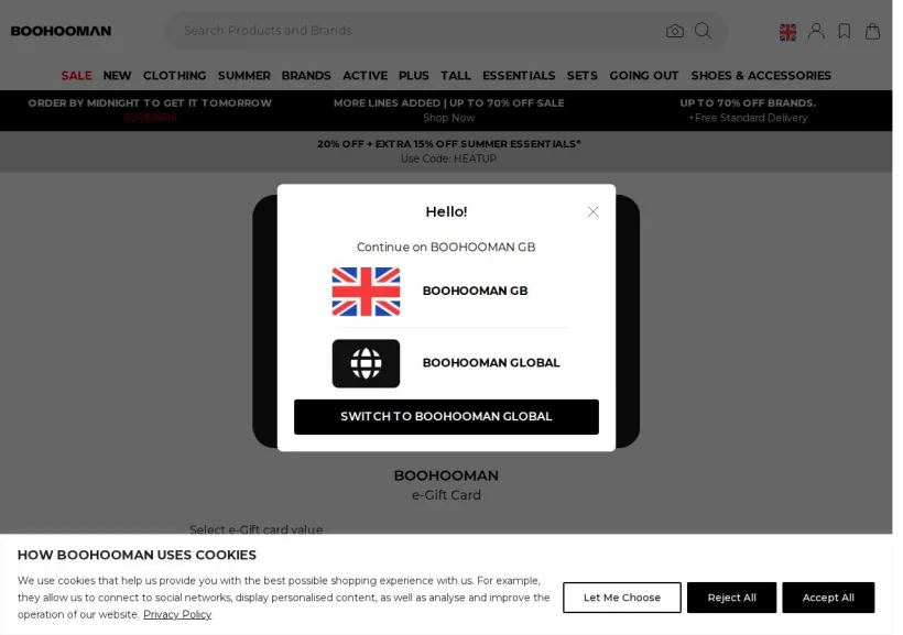 Schermata della pagina offerta di BoohooMan