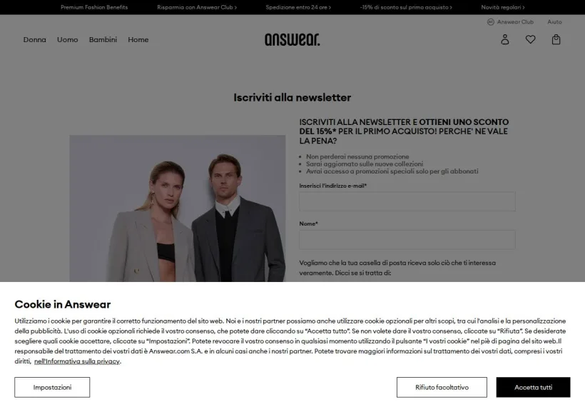 Schermata della pagina offerta di Answear