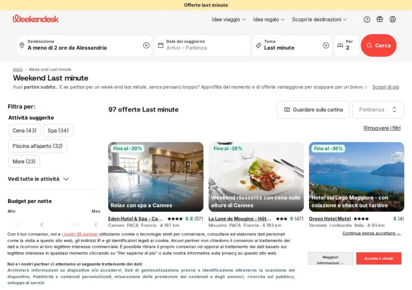 Schermata della pagina offerta di Weekendesk