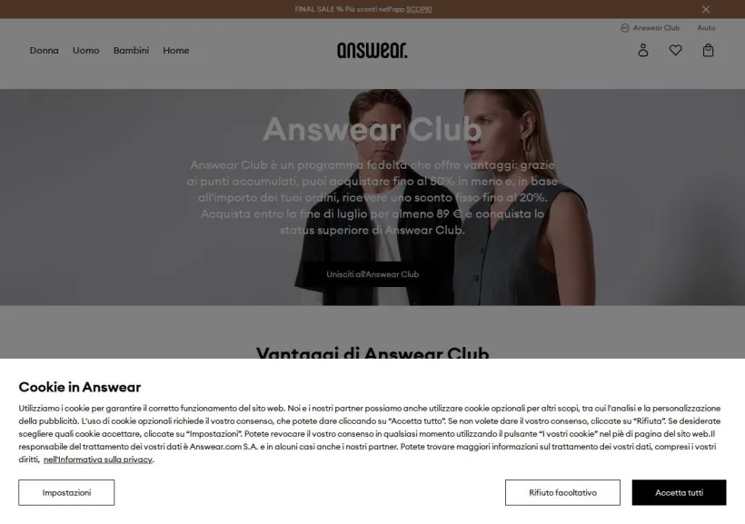 Schermata della pagina offerta di Answear