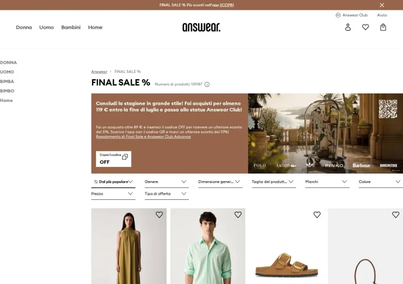 Schermata della pagina offerta di Answear
