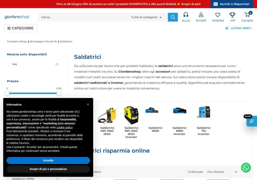 Schermata della pagina offerta di GiordanoShop