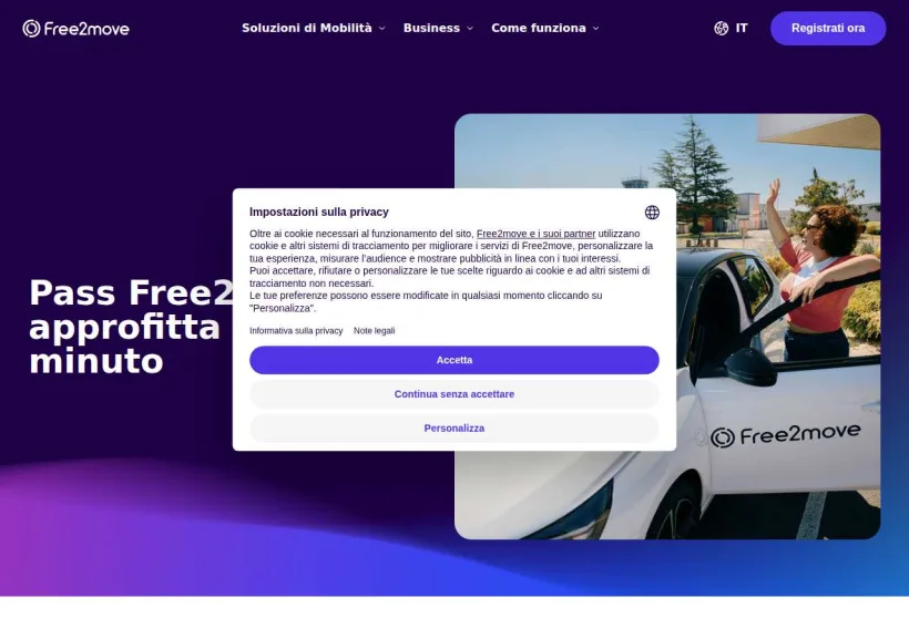 Schermata della pagina offerta di Free2move