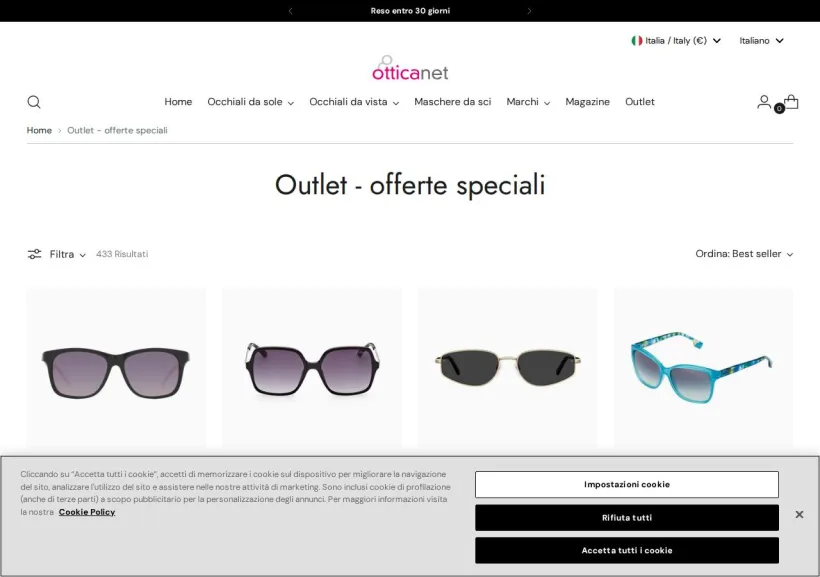 Schermata della pagina offerta di Otticanet