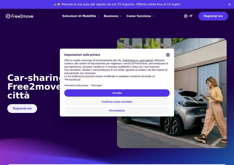 Schermata della pagina offerta di Free2move