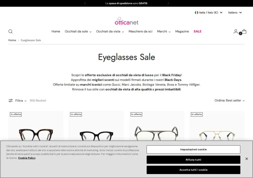 Schermata della pagina offerta di Otticanet