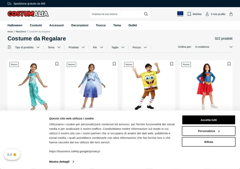 Schermata della pagina offerta di Costumalia.it