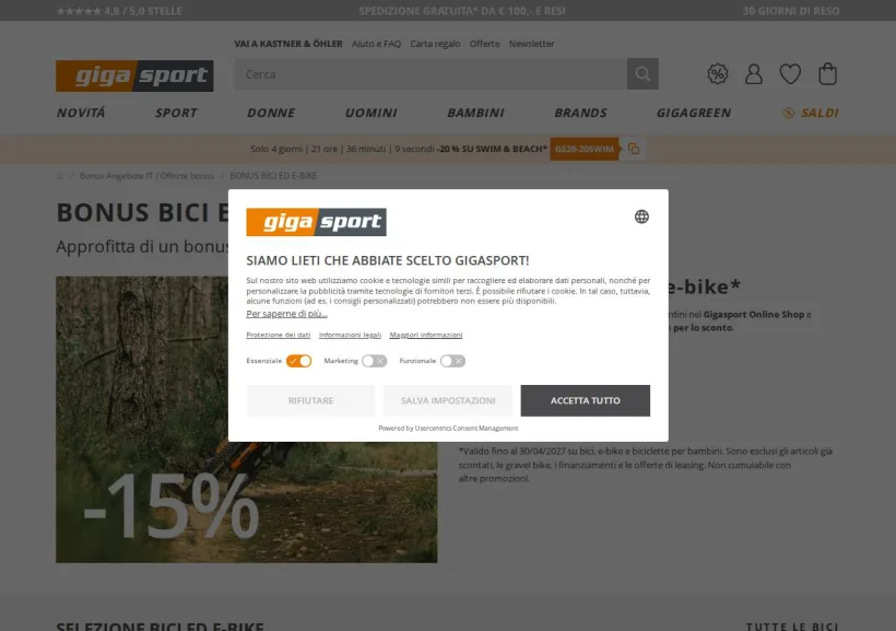 Schermata della pagina offerta di Gigasport