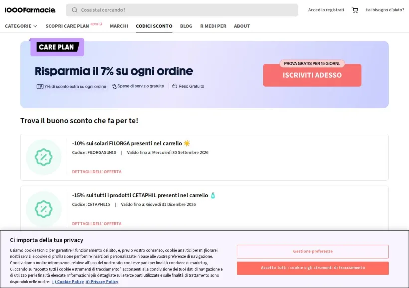 Schermata della pagina offerta di 1000Farmacie
