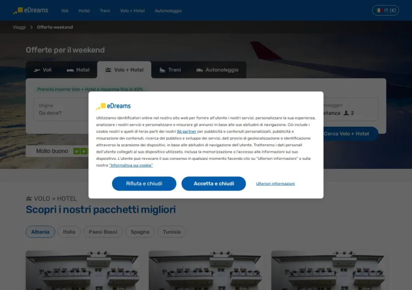 Schermata della pagina offerta di eDreams