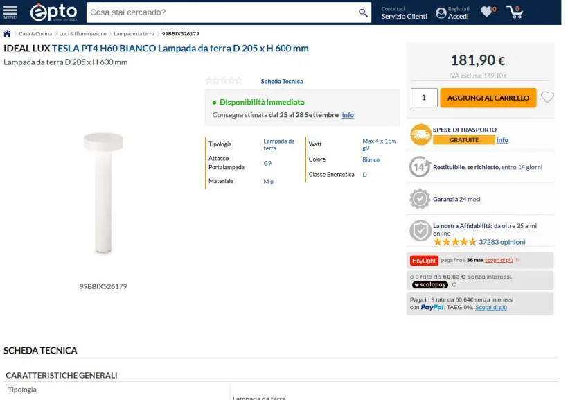 Schermata della pagina offerta di Epto