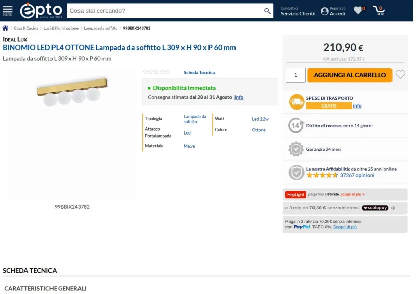 Schermata della pagina offerta di Epto