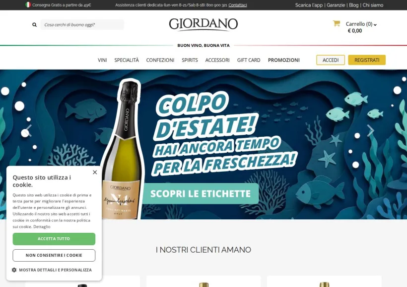 Schermata della pagina offerta di Giordano Vini
