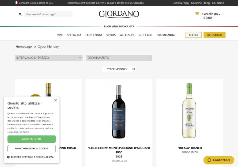 Schermata della pagina offerta di Giordano Vini