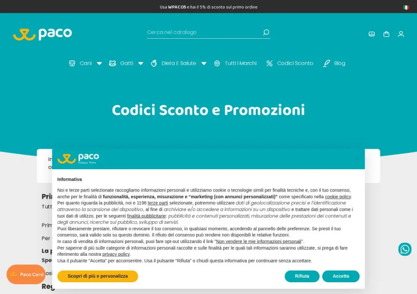 Schermata della pagina offerta di Paco Pet Shop