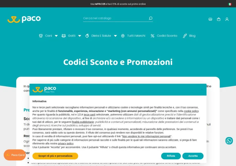 Schermata della pagina offerta di Paco Pet Shop