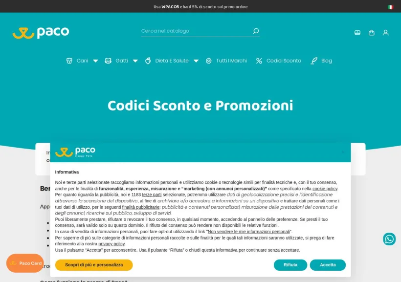 Schermata della pagina offerta di Paco Pet Shop