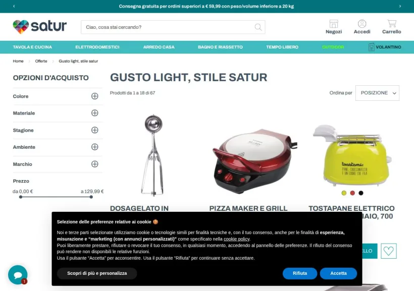 Schermata della pagina offerta di Satur