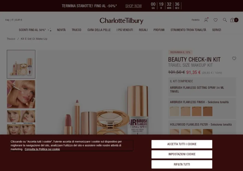 Schermata della pagina offerta di Charlotte Tilbury