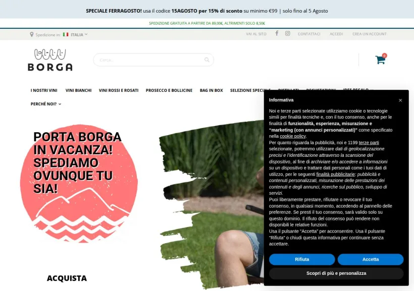 Schermata della pagina offerta di Cantine Borga