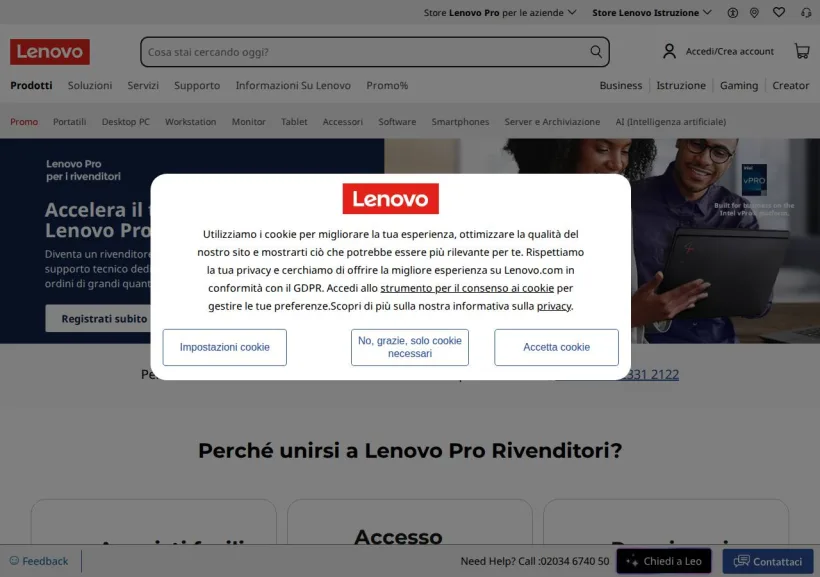 Schermata della pagina offerta di Lenovo