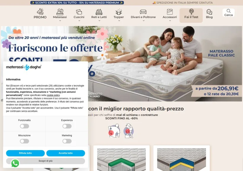 Schermata della pagina offerta di Materassiedoghe