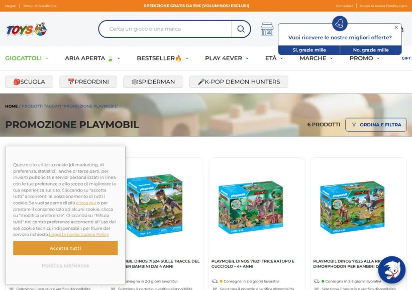 Schermata della pagina offerta di Toys Center