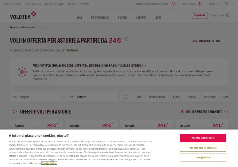 Schermata della pagina offerta di Volotea