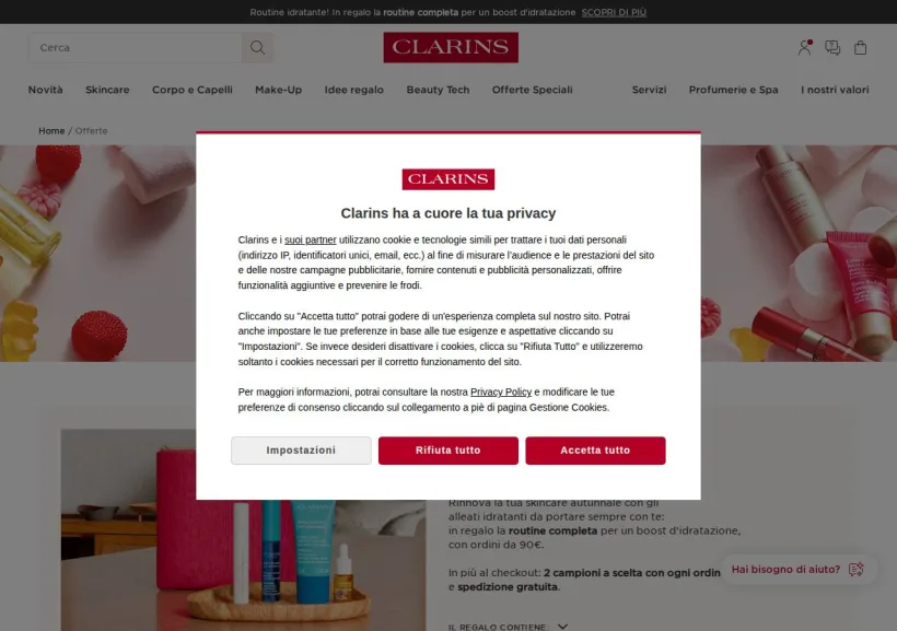 Schermata della pagina offerta di Clarins