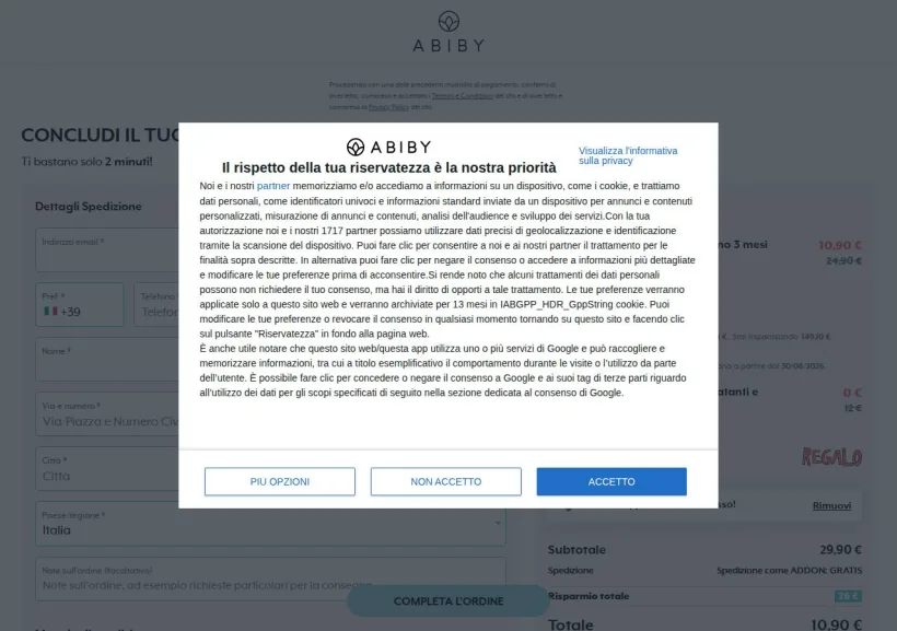 Schermata della pagina offerta di Abiby   