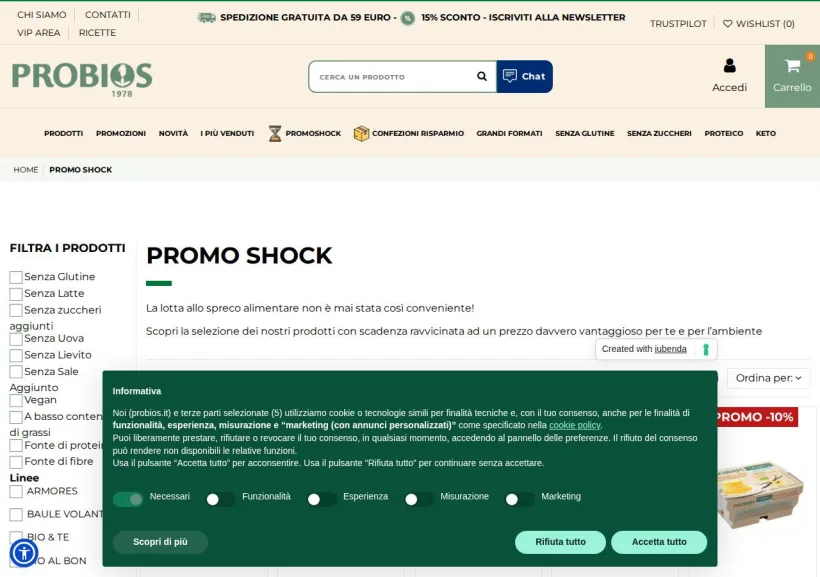 Schermata della pagina offerta di Probios